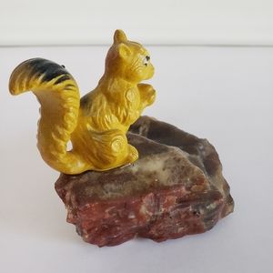 Vintage Squirrel Figurine on Natural Stone Base Ceramic Resin Collectible Decor